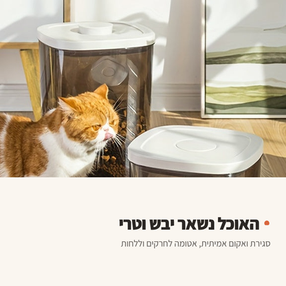 חתול לצד מיכלי אוכל אטומים במטבח